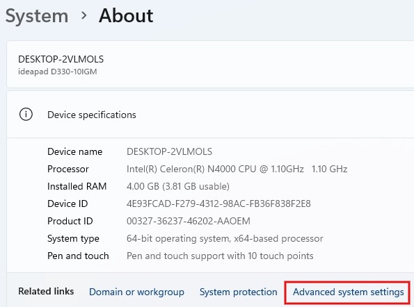 Click "Advanced System Settings" in About menu.