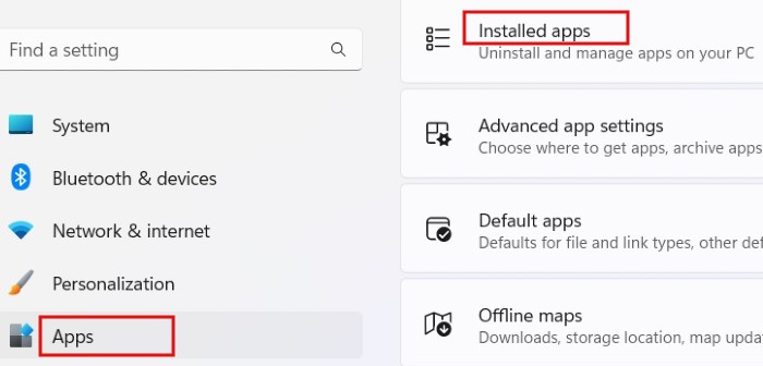 Accessing "Installed apps" via Windows Settings.