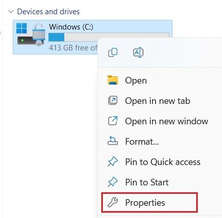 Selecting "Properties" from context menu. 