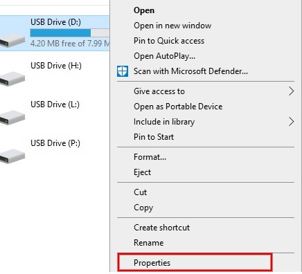 Right clicking USB drive and selecting Properties in File Explorer.