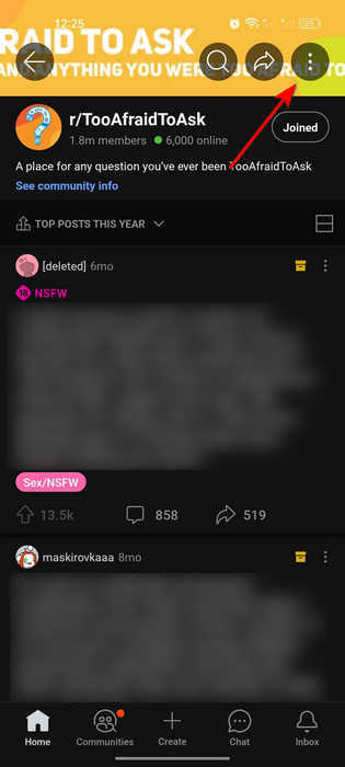 Access subreddit menu in the Reddit mobile app