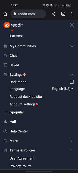 Accessing the account settings of Reddit in Chrome Android
