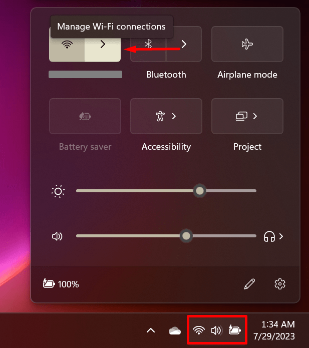 Clicking the "Manage Wi-Fi Connections" tab next to Wi-Fi.