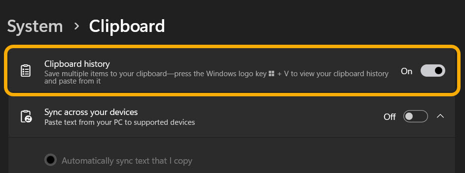 Enabling "Clipboard history" option