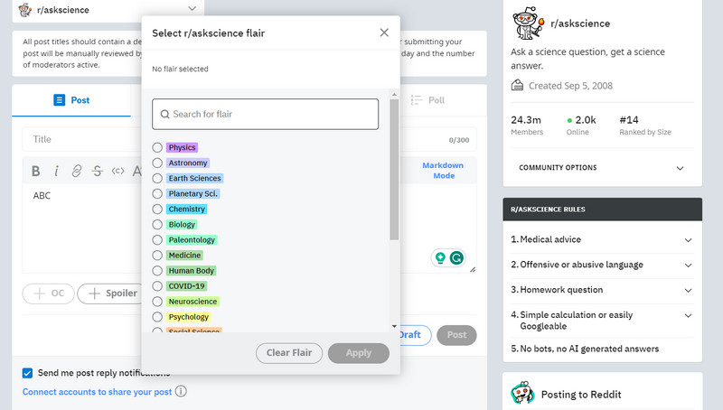 Apply a post flair to your Reddit post