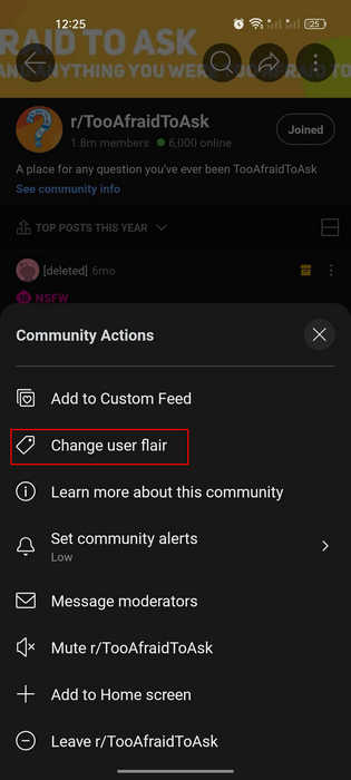 Clicking the Change user flair option