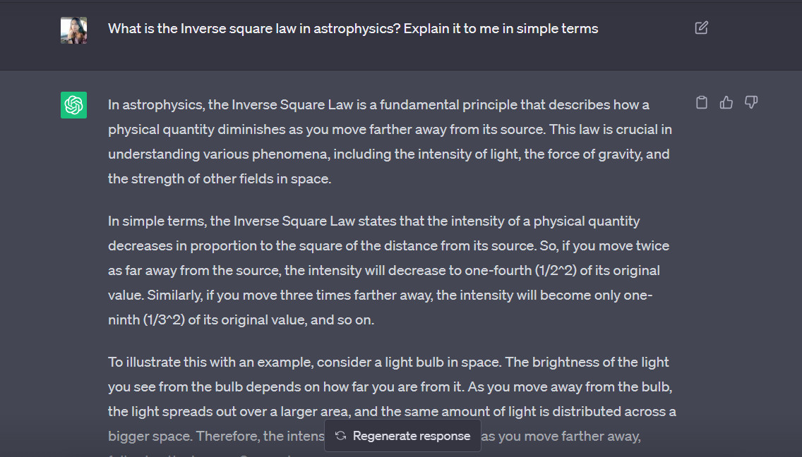 Chatgpt explaining Inverse Square Law