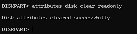 Typing attributes disk clear readonly on the PowerShell.