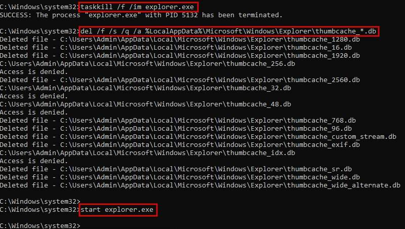 Enter commands on Command Prompt to clear thumbnail cache.