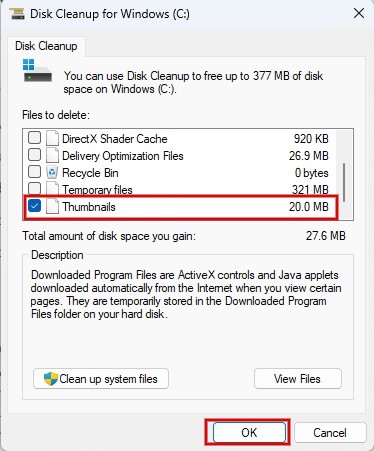 Select "Thumbnails" in Disk Cleanup window.