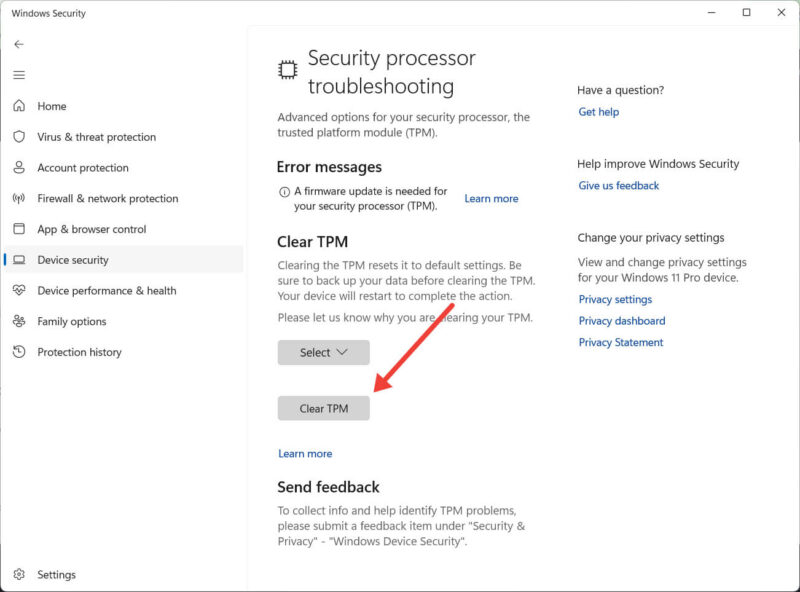 Tapping on "Clear TPM" button In Windows Security.