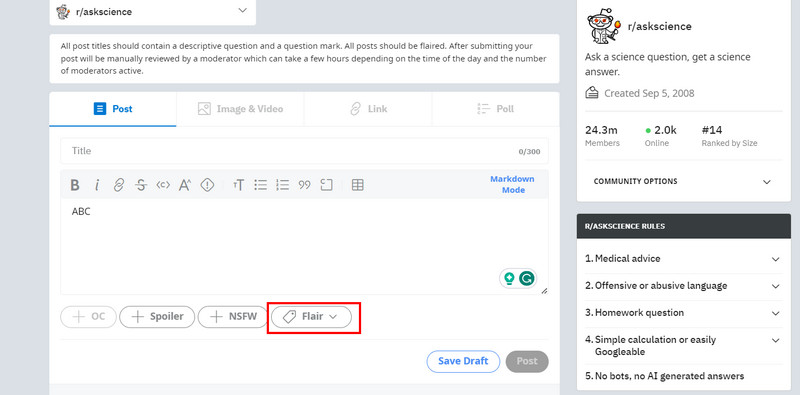 Clicking on the Flair option in Reddit desktop