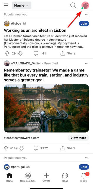 Clicking on Profile icon in Reddit app