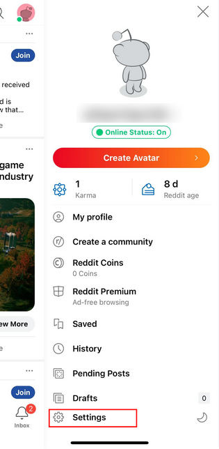 Clicking on the Settings option in the Reddit iOS app