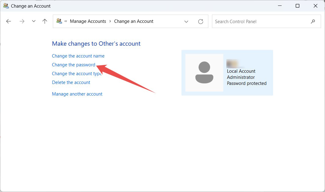 Clicking "Change the password" option via Control Panel. 