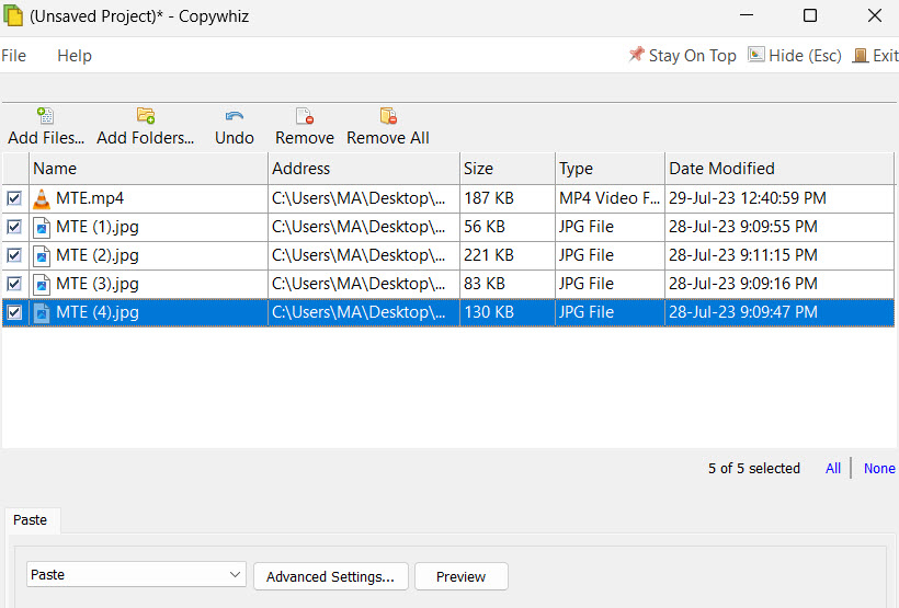 Files listed in Copywhiz app. 