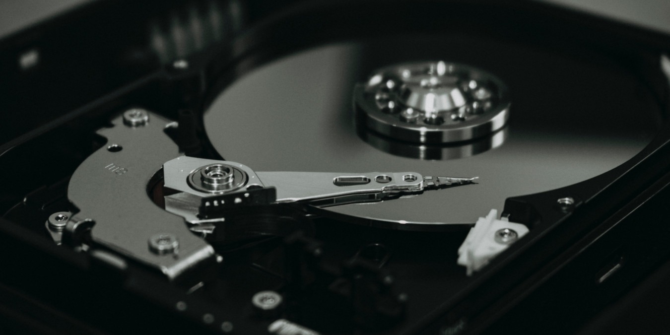 A photograph of the internal components of a hard drive.