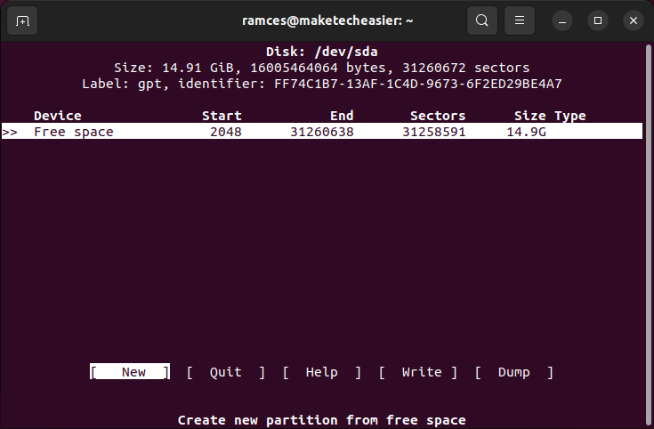 cfdisk-empty-layout A terminal showing the default interface for cfdisk.