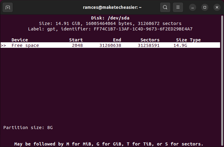 cfdisk-create-root-partition A terminal showing the creation of the first partition in cfdisk.
