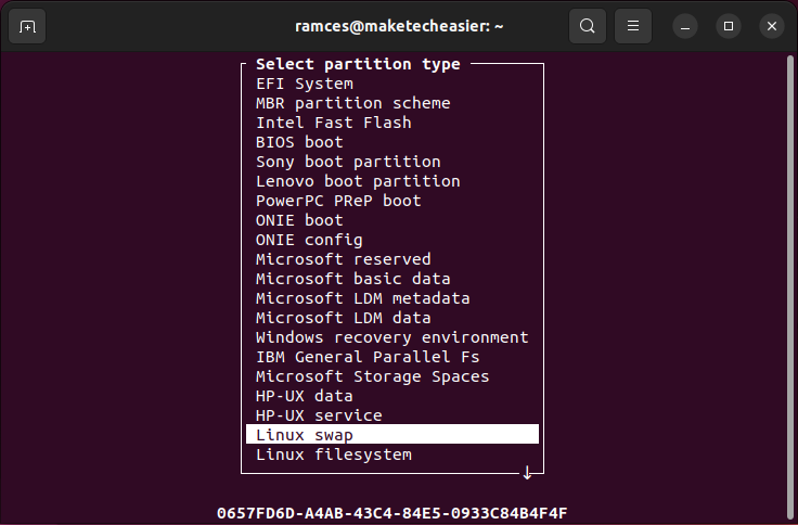 cfdisk-specify-partition-type-swap A terminal showing the process of changing the partition type in cfdisk.