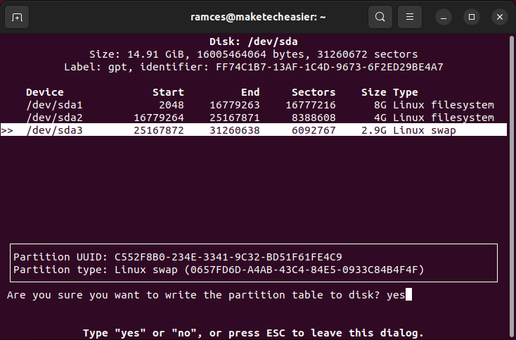 cfdisk-write-partition-table A terminal showing the commit process for cfdisk.