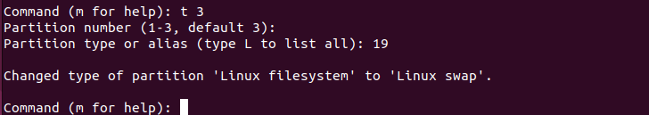 A terminal showing process for changing the partition type in fdisk.