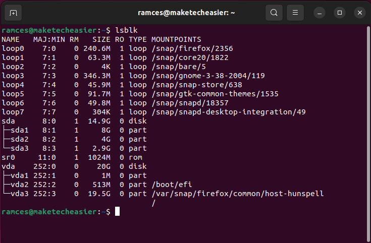 cfdisk-mkfs-list-partitions-lsblk A terminal showing the output of lsblk with a disk with three distinct partitions.