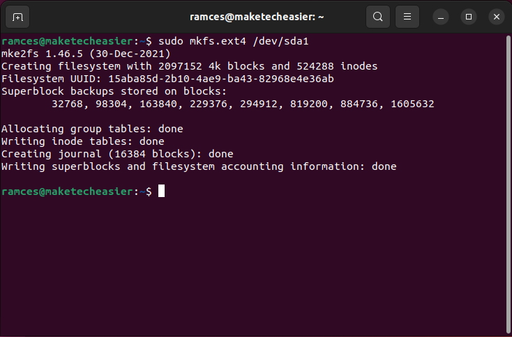 cfdisk-mkfs-make-file-system-ext4 A terminal showing the output of the mkfs.ext4 program.