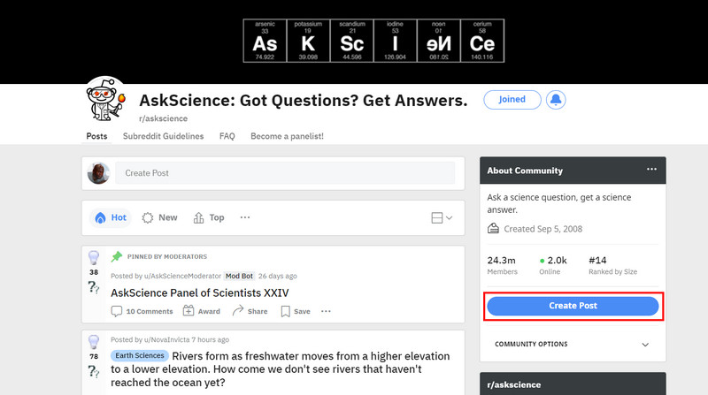 Create Post option in Reddit desktop