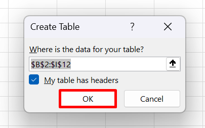 Create Table Dialog