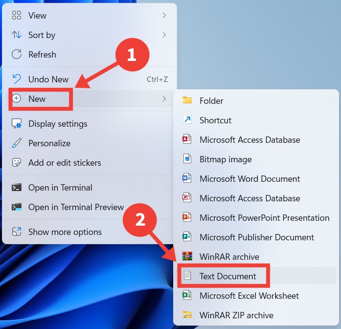 Creating a new text document using the context menu.