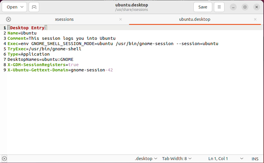 A screenshot of the superuser gedit session displaying the contents of the xsessions directory.