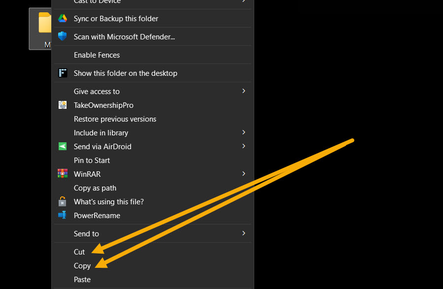"Cut" and "Copy" options visible in Windows context menu.