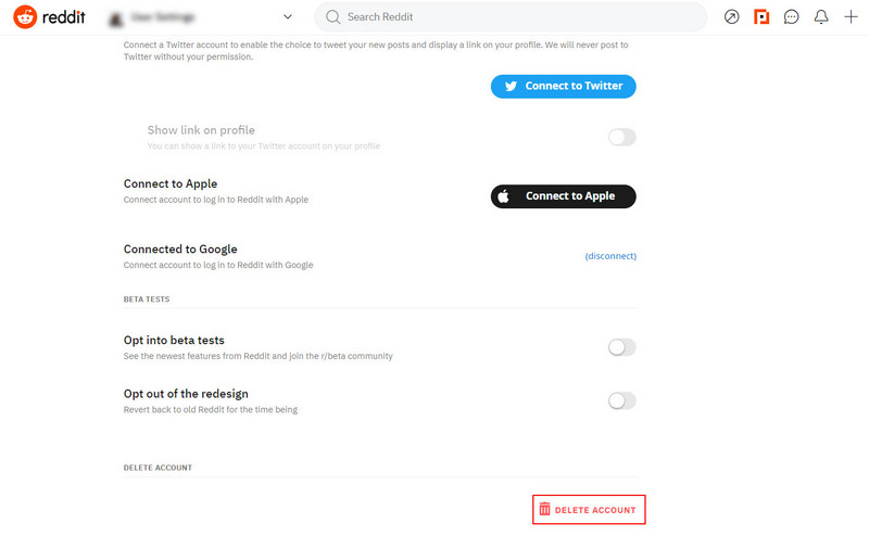 Clicking the Delete Account option in Reddit
