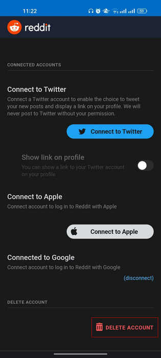 Delete account option in Reddit in Chrome