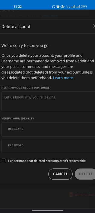 Delete Reddit account in Android via Chrome