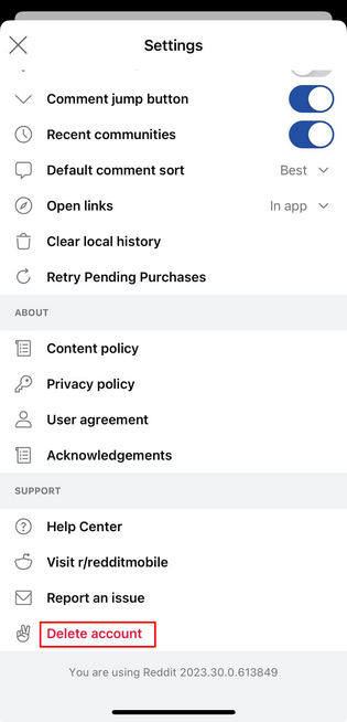 Deleting Reddit account in the iOS Reddit app