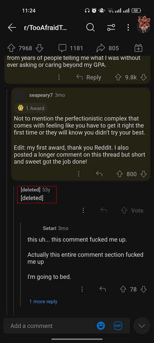 Username of a deleted account in the Reddit app
