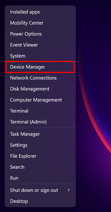 Clicking the Device Manager option from WinX menu.