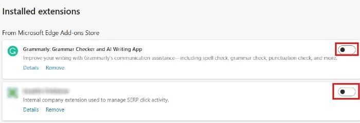 Toggling extensions to left to disable them in Microsoft Edge browser.