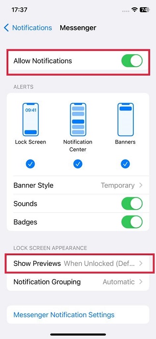 Enabling "Allow Notifications" toggle and checking "Show Previews" options in iOS Settings.