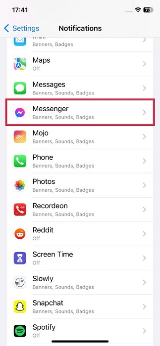 Selecting Messanger app from list on Messenger app for iOS.