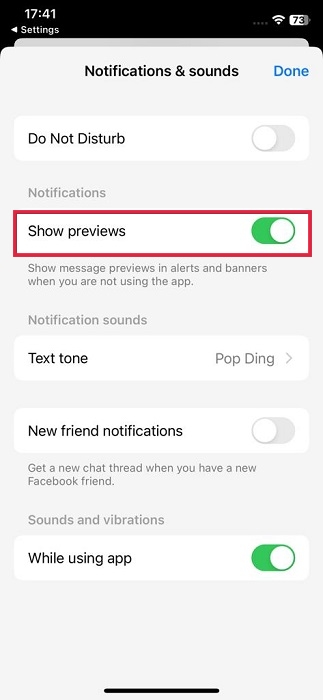 "Show previews" option toggled on in Messenger app for iOS.