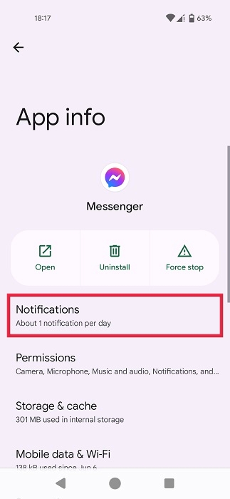 Tapping on Notifications in "App info" in Android Settings.