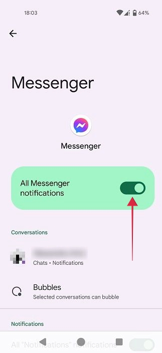 Disable "All Messenger notifications" toggle in Android Settings.
