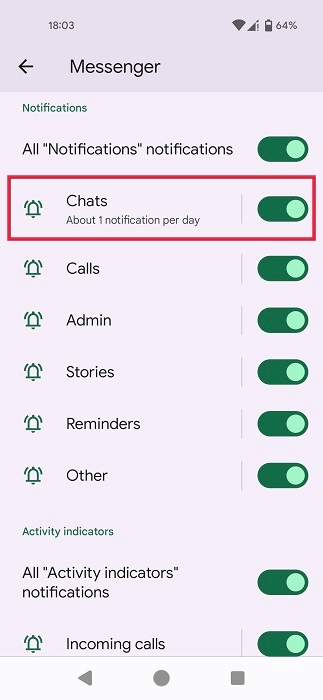 Enabling "Chats" toggle for Messenger app in Android Settings.