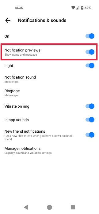 Enabling "Notification previews" in Messenger app.
