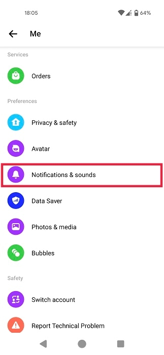Selecting "Notifications & sounds" in Messenger app.