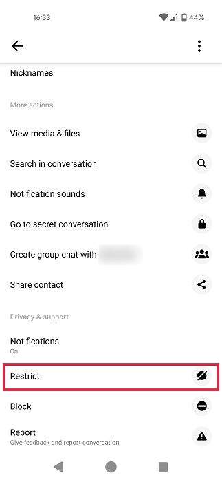 Selecting "Restrict" option in Messenger app for Android.