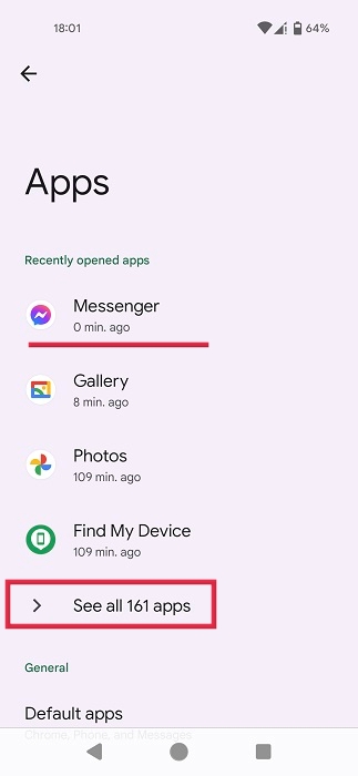 Clicking on "See all X apps" in Android Settings.